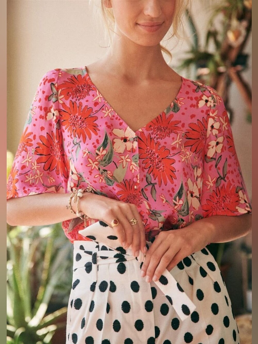 Sezane Pink Floral V-Neck Blouse